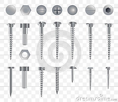 Set of 3d realistic metal screws, stainless steel bolts, nuts, rivets and nails isolated onn a transparent background. Vector Illustration